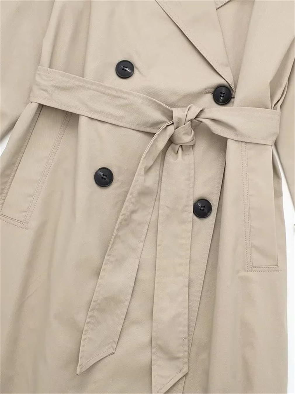 Women's Tie-Back Solid Color Double-Breasted Long-Sleeved Vintage Lapel Trench Coat