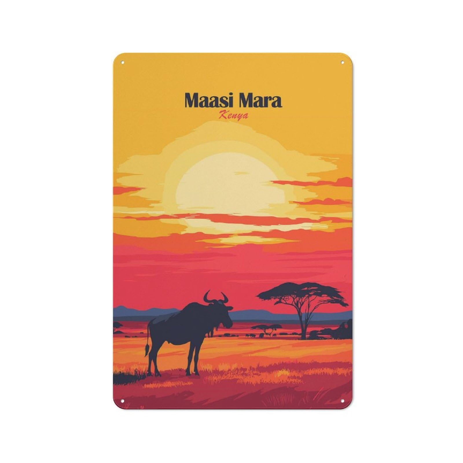 Junmoney Style-7 Maasai Mara Sunset Cottage Style Metal Wall Decor 30X20cm, Tin Wall Plaque For Kitchen, Cottage, Porch Or Garden Room