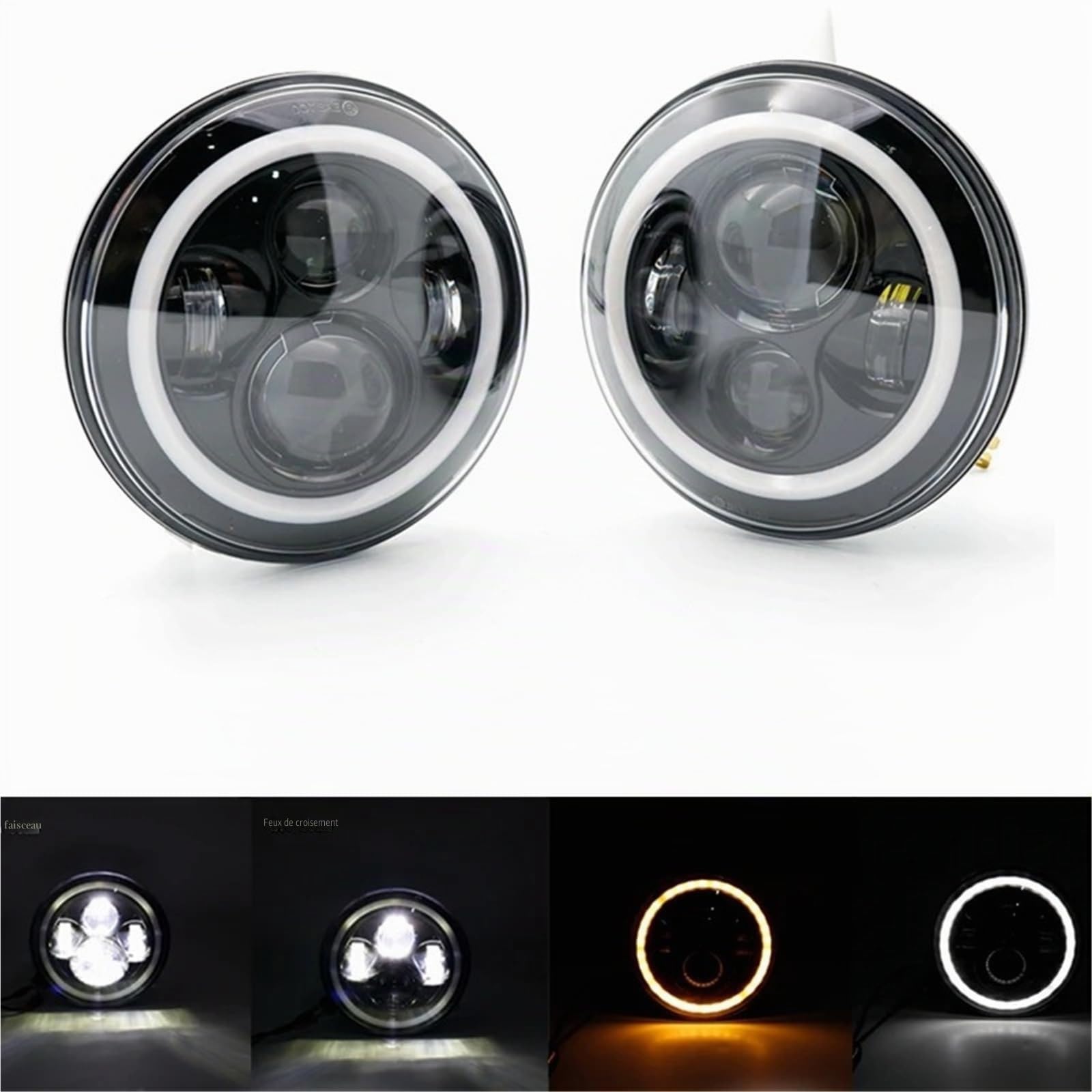 Phares Avant Phares LED DRL Angel Eye 7 Pouces Pour Classic Pour Mini Pour Austin Pour Rover Pour BMW(2Piece black Headlight)