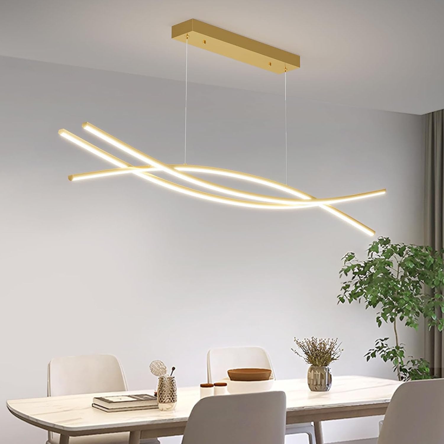 Lámpara Colgante LED Moderna - Altura Ajustable y Dimmable con Mando Incluido, Perfecta para Comedor, Cocina con Isla, Salón, Oficina y Hoteles Plafón LED Regulable (Oro, 100cm)