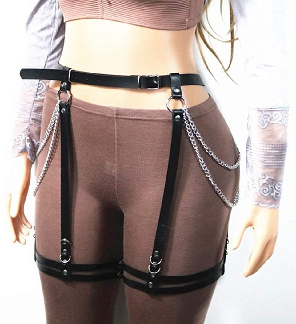 AKAZI Cadena de Pierna Punk para Mujer, cinturón de Cadena de Cuero Negro para Fiesta, Mascarada, Liguero para Pierna, Correas para la Cintura, Cadena para el Cuerpo, Ropa para Club Nocturno