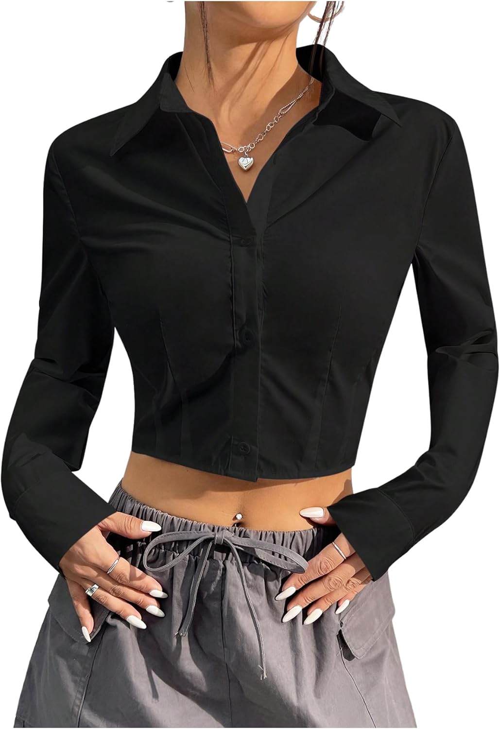 SOLY HUX Women's Button Down Crop Top Long Sleeve Collared Casual Cropped Shirt Blouse