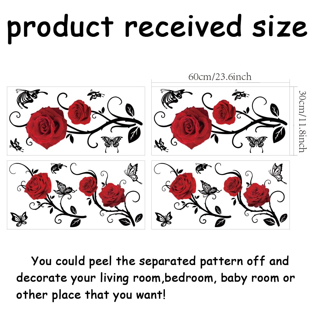 SUPERDANT 4 Sheets Red Roses Wall Stickers Valentine's Day Flowers Butterfly Wall Decals Peel and Stick Vinyl Art Murals for Home Bedroom Living Room Sofa Backdrop TV Background Decoration - Image 2