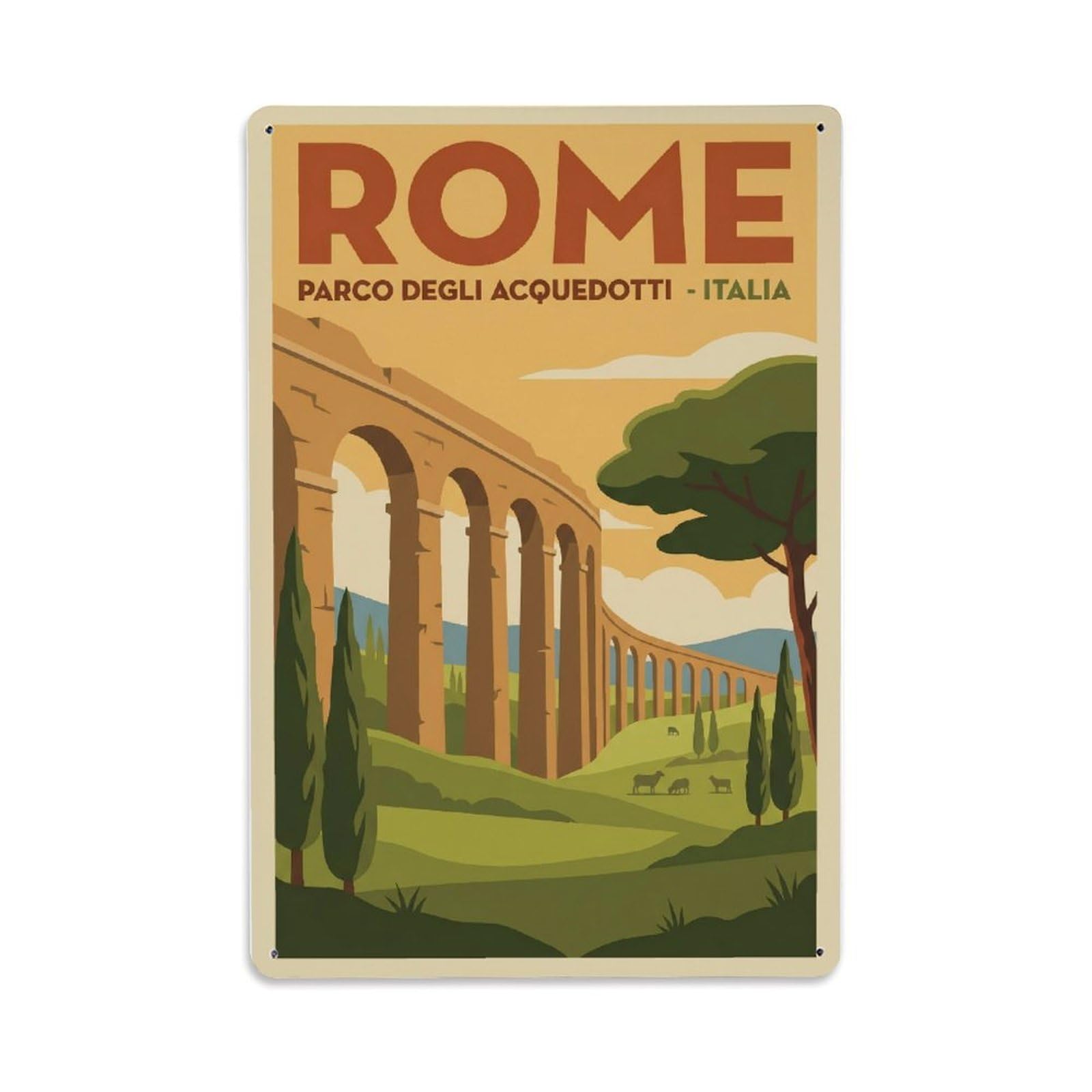 Vintage Travel Rome Parco Degli Acquedotti Ancient Aqueducts Park Italy Metal Tin Sign Plaque Wall Decor for Cafe, Club Bar, Office, Home Garden Metal Poster 8x12Inch