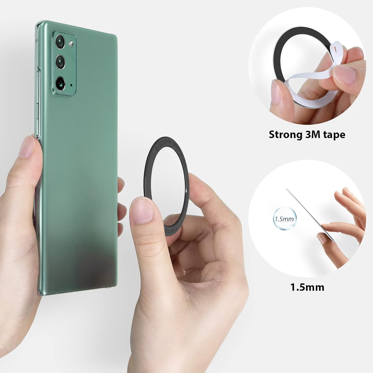 Hands applying the Nillkin SnapLink Air Magnetic Ring to the back of a phone, showing the 3M tape and thin profile.