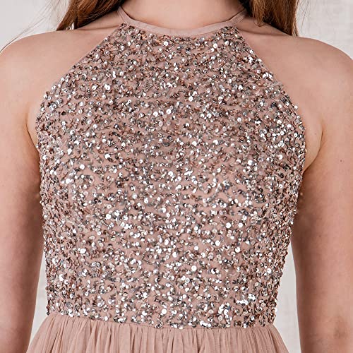 Maya Deluxe Damen Brautjungfer Maxikleid Neckholder Pailletten verziert Abschlussball Abschlussfeier Hochzeit, Taupe Blush, 44 EU (16 UK) 4