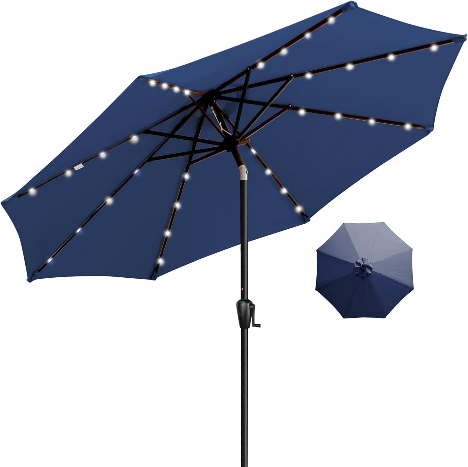 9' Round Patio Umbrella with 32 Solar Powered LED Lights, Push-Button Tilt and Hand Crank Lift, Solar Umbrella in Navy for Porch, Deck, and Patio by Sun-Ray