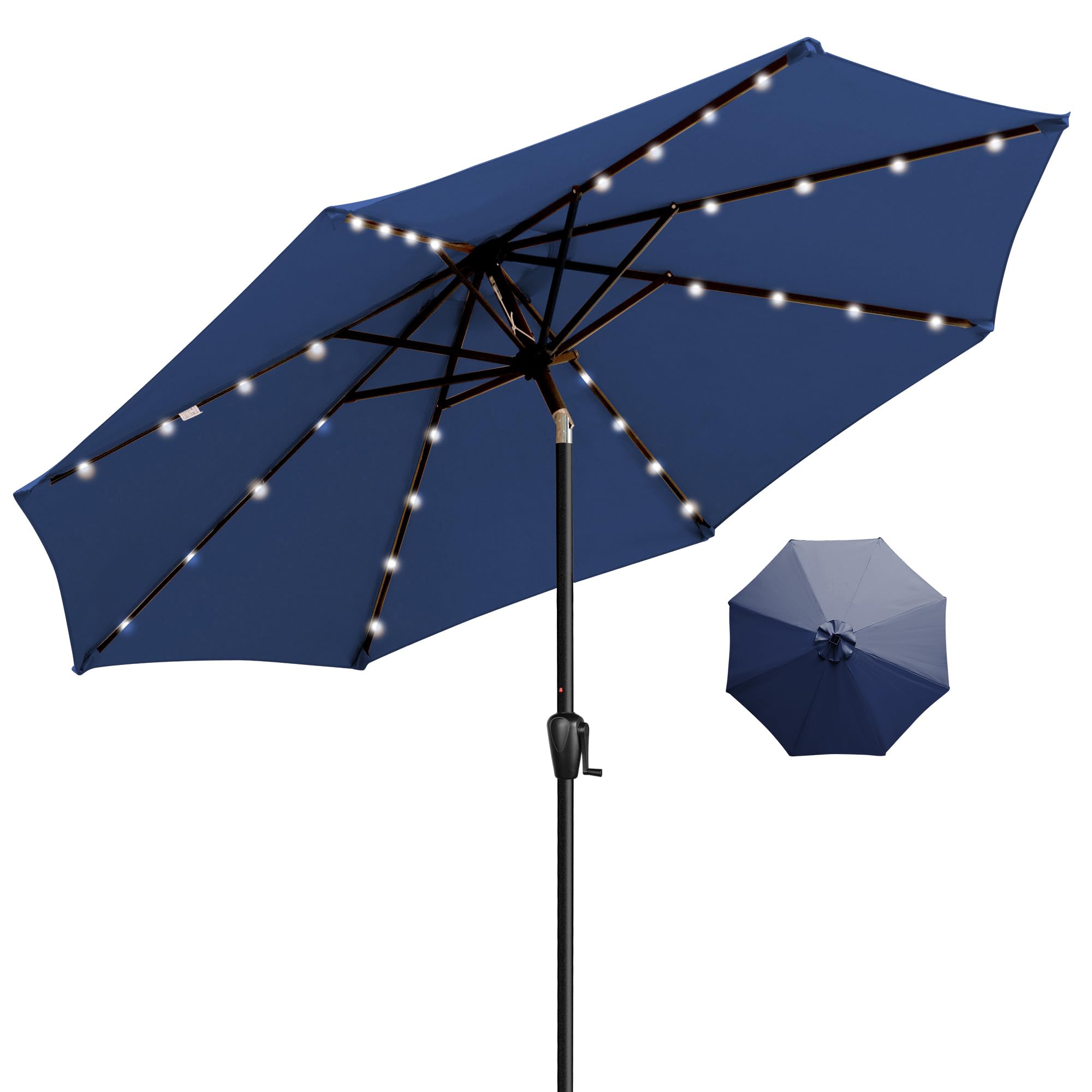 9' Round Patio Umbrella with 32 Solar Powered LED Lights, Push-Button Tilt and Hand Crank Lift, Solar Umbrella in Navy for Porch, Deck, and Patio by Sun-Ray : Patio, Lawn
