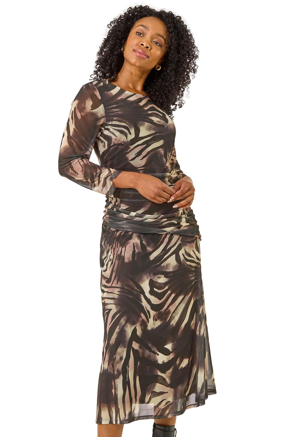 Roman Originals Women's Petite Black Roman Petite Print Mesh Ruched Midi Dress For Uk - Everyday Autumn Winter Round Neckline Comfy Soft Evening Vacation Work Party Night Out - Size 14