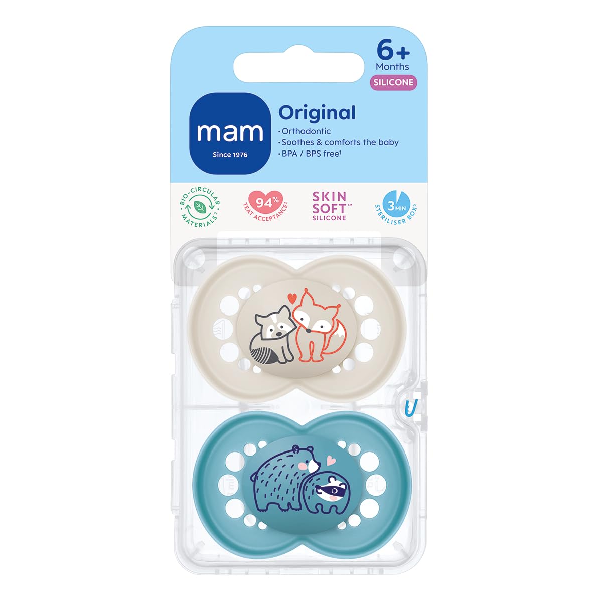 MAM Original Soothers | 6-18 Months | 2 Pack | Comes in Dummy Steriliser Case | Orthodontic Design | Sustainable Materials | Baby Accessories | Blue (Various Designs) — view 2