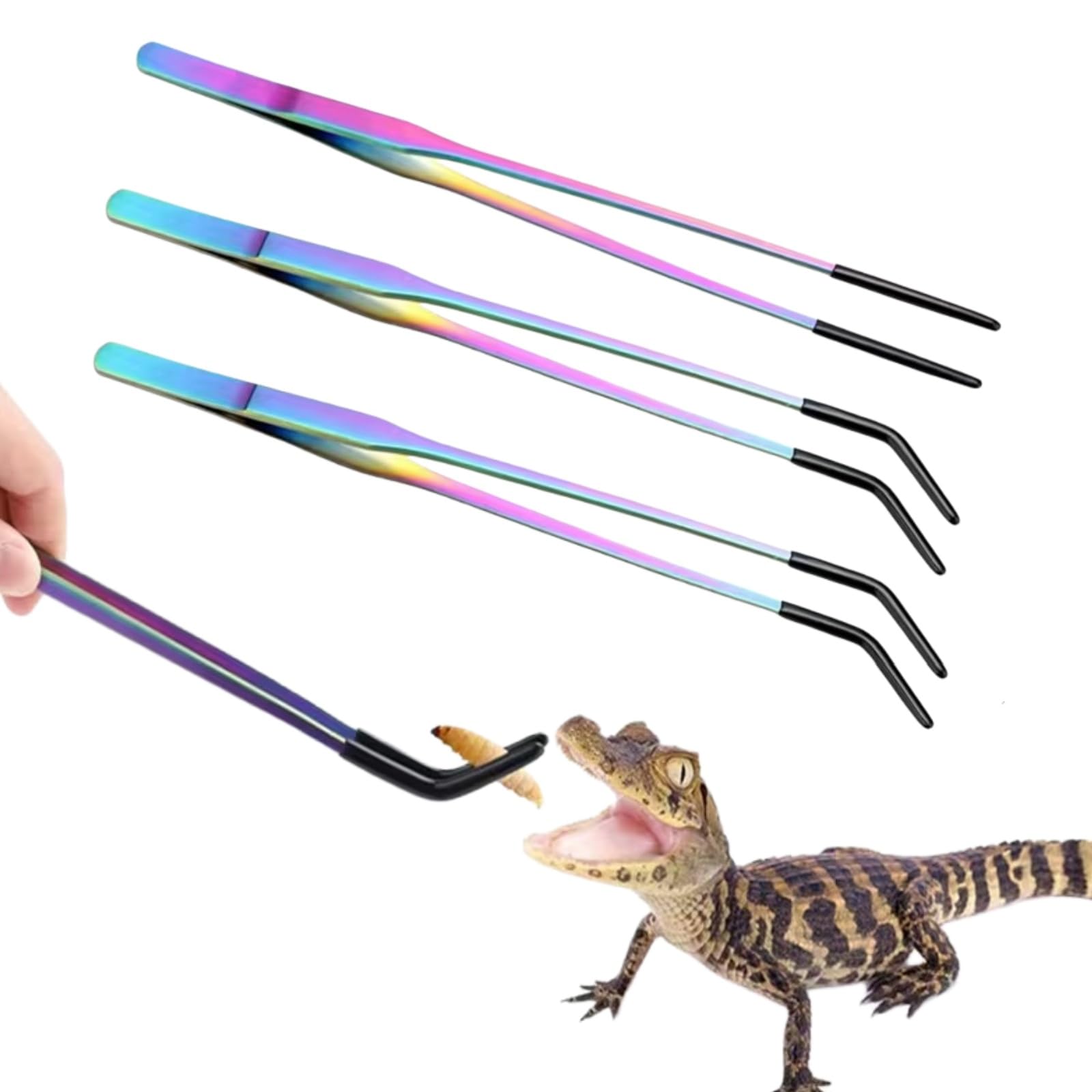 XIAGER 3pcs Reptile Feeding Tongs,Stainless Steel Feeding Forceps for Reptiles,Straight & Curved Tweezers Tool,Long Rubber-Tipped Food Pliers for Aquarium & Terrarium,Bearded Dragons,Snakes,Lizards