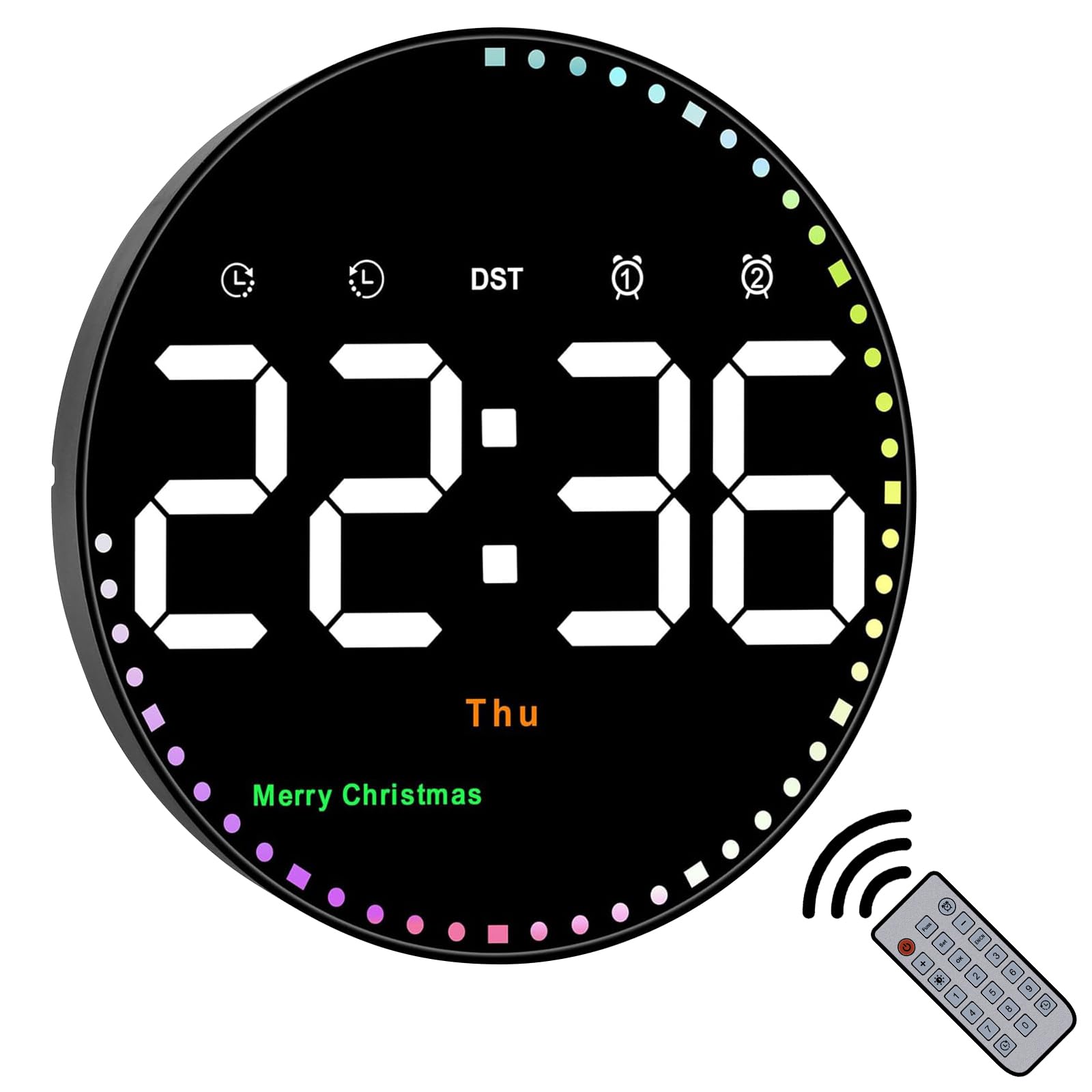 Orologio da parete digitale rotondo grande da 10" con telecomando, orologio digitale con 2 allarmi/temperatura/data/ora/festival/luminosità regolabile/conto alla rovescia per casa, palestra