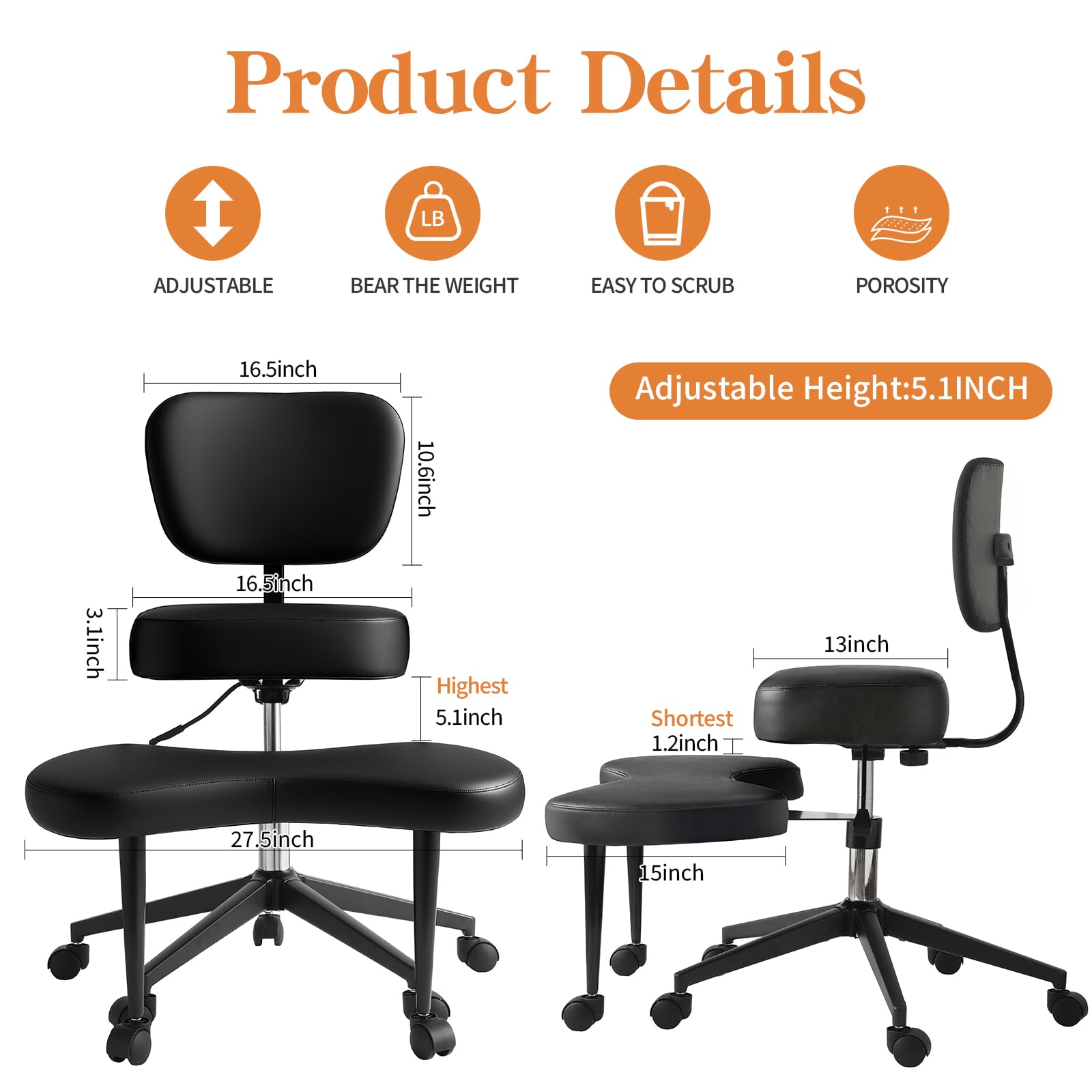 Chaise de méditation ergonomique pour plusieurs positions assises, chaise de TDAH, avec soutien lombaire et roulettes, hauteur réglable, chaise genoux, idéale pour les amateurs de yoga, chaise de