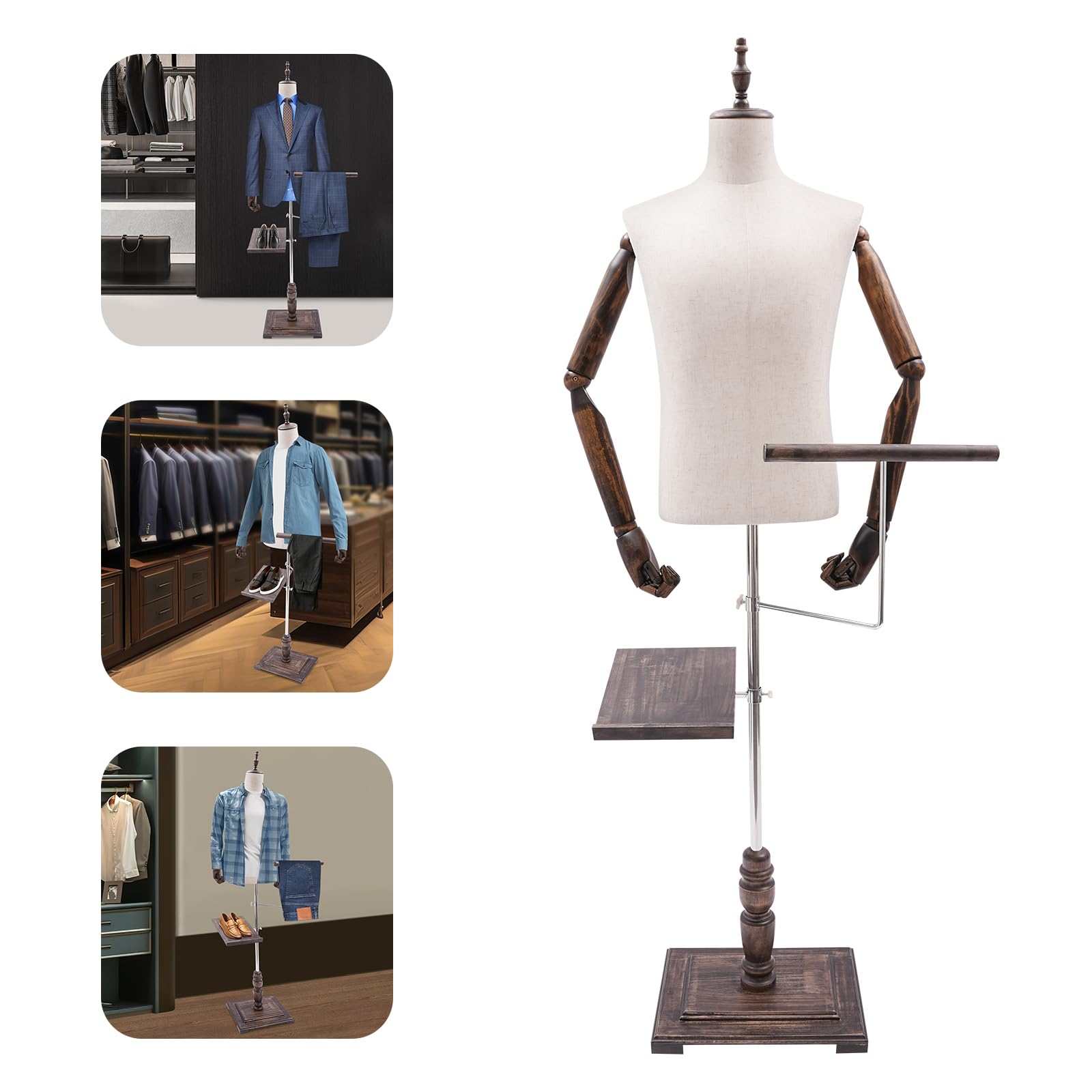 Maniquí masculino de altura ajustable, maniquí de costura, busto para hombres, con soporte para pantalones y soporte para zapatos para exhibir y coser (blanco)