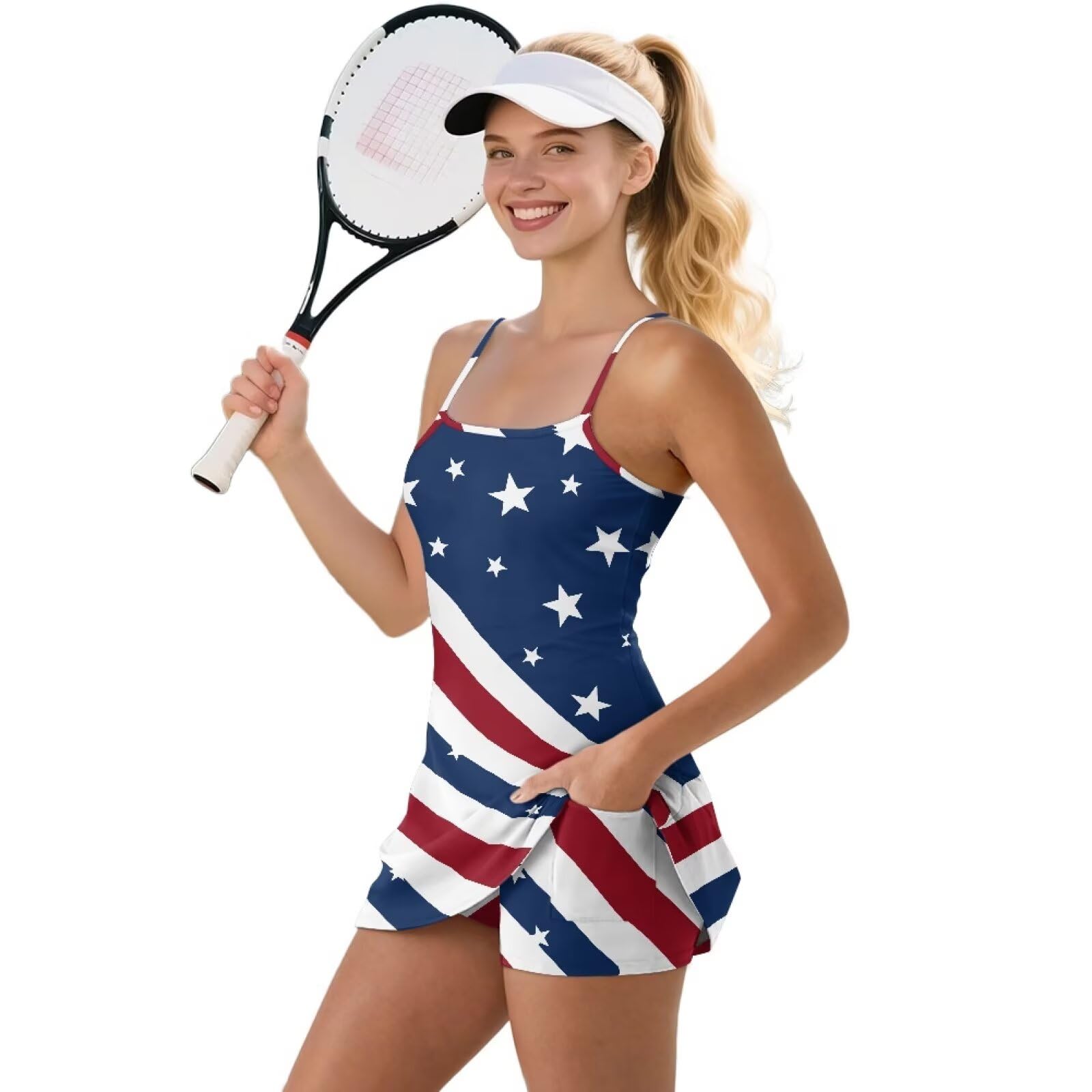 Xpyeesfuen Patriotic Independence Day American Flag Tennis Dress for Women Star Athletic Dresses Tennis Club Golf Active Casual Dress 2025 Covering Side Breasts Fits Summer