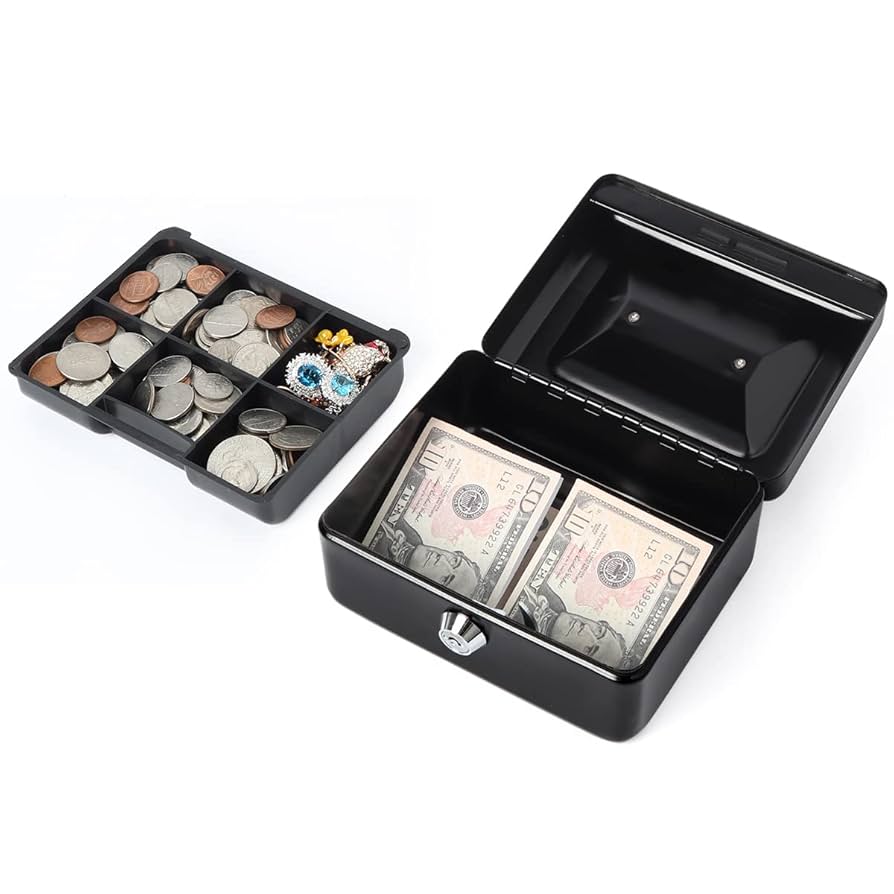 Small Lock Box With Money Tray, Cash Box For Kids, Portable Metal Money Safe For Cash, Lockbox White