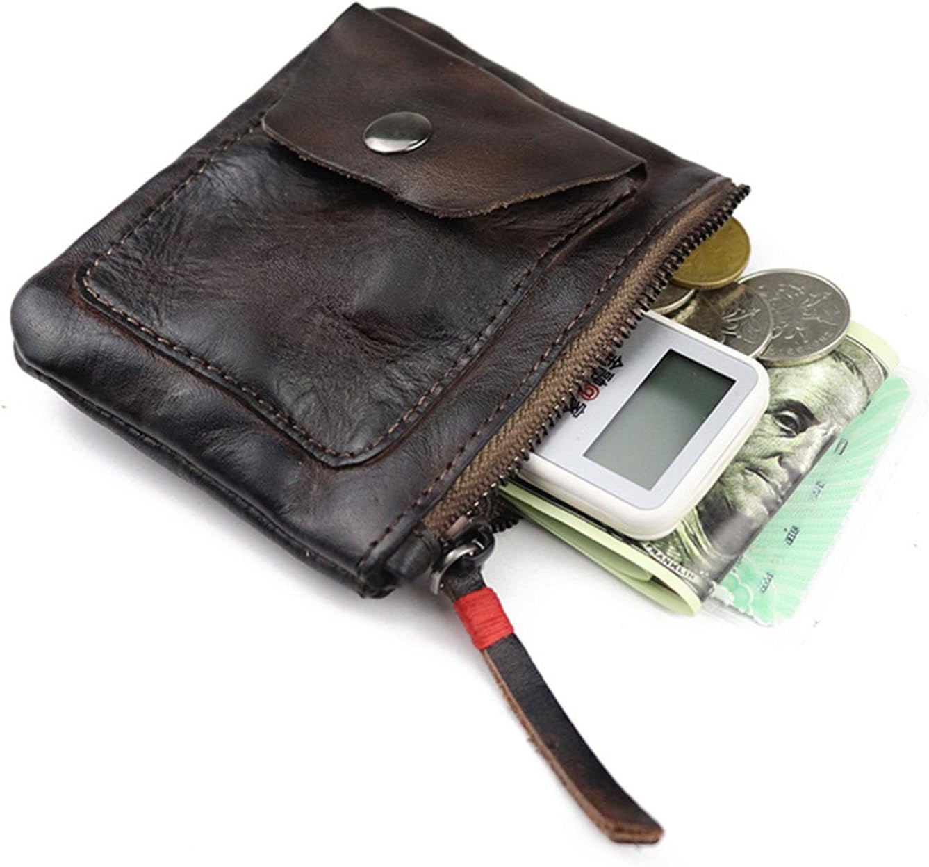 Men Leather Coin Pouch, Men's Coin Pouch with Zipper and Snap Closure Crazy Horse Wallet Suitable for Men and Women (Coffee)