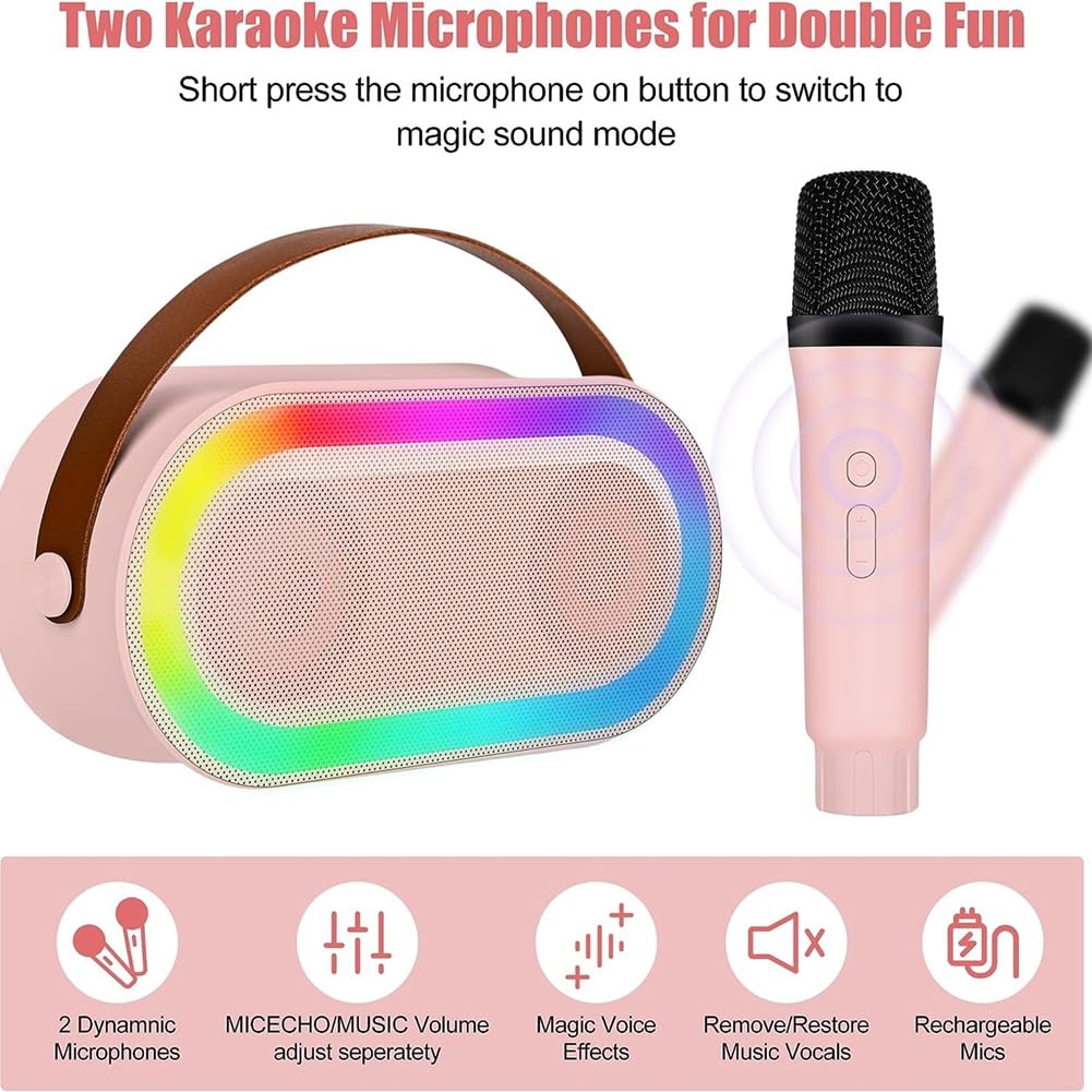Mini Karaoke, przenośny zestaw głośników Bluetooth z 2 mikrofonami bez i światłami LED (różowy)