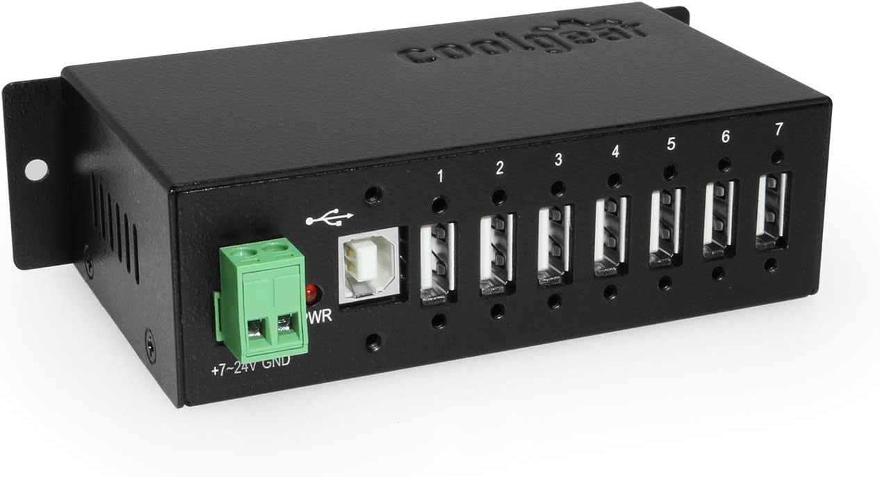 Coolgear Industrial 7-Port USB 2.0 Hub with Secure Screw-Locking Ports | Surface & DIN-Rail Mountable | 480 Mbps Data
