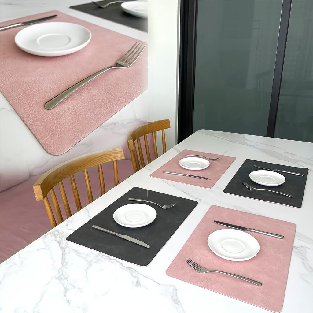 Placemats and Coaster Sets, Faux Leather Effect Place Mats for Table 6, Washable-Waterproof-Heat Resistant Dinner Table Mats, Dusty Placemats Set of 6, Dining Table Decoration Mats, Pale Pink & Grey