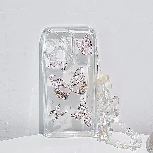 Miniatura 3 de Casechics Compatible con funda para iPhone, de lujo, transparente, con bonito diseño de mariposa, correa para pulsera, cadena, transparente, suave,
