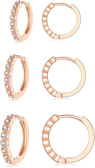 GULICX Silver Hoop Earrings for Women Girls Men, 3 Pairs 925 Sterling Silver Small Hoop Earrings Set with Cubic Zirconia, Hypoallergenic Cartilage Sleeper Huggie Hinged Hoop Earrings, Size: 10/12/14mm