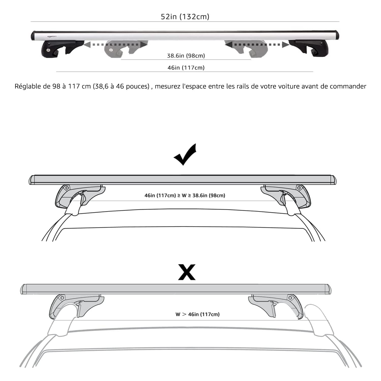 Amazon Basics Barres de toit à rails transversaux 132 cm, pouvant accueillir jusqu'à 117 cm de distance entre les rail latéraux surélevés avec espace, lot de 2, noir/argenté