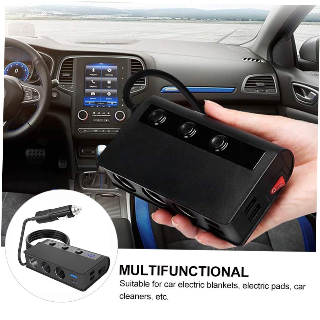 SEWACC Adaptador de Cargador para Coche 180 W, 12 V-24 V, 4 Puertos USB y 3 Tomas para Mechero, Interruptor Independiente