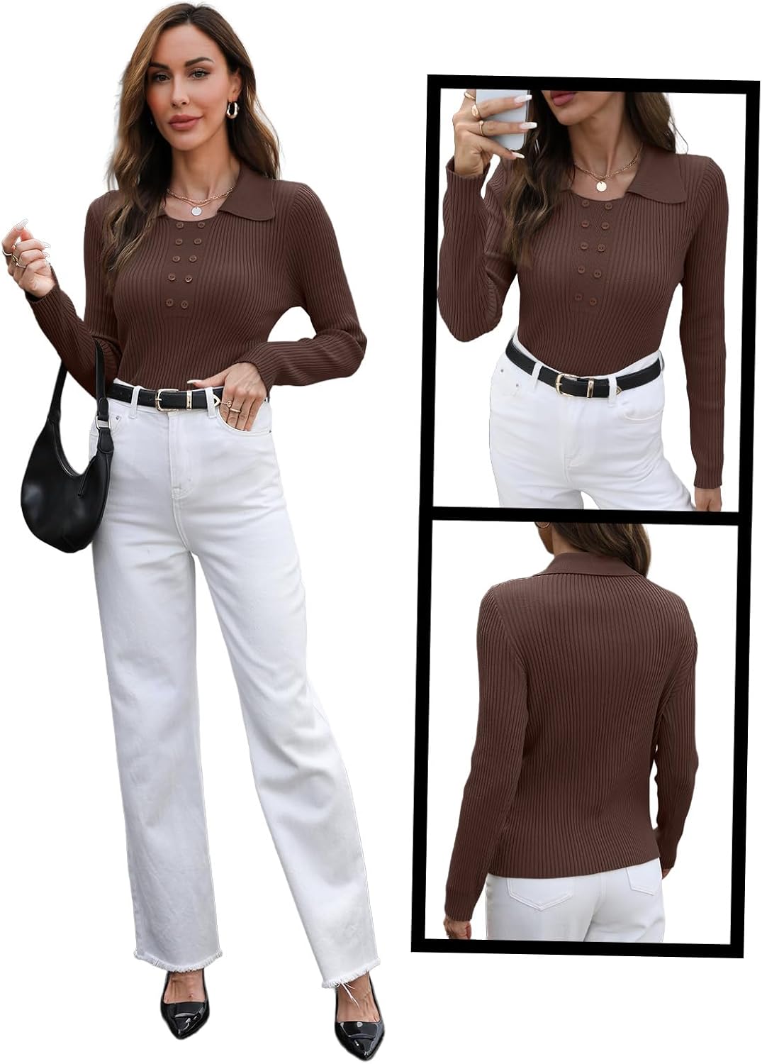 Ninee Womens Long Sleeve Pullover Sweaters Casual Lapel Crew Neck Button Down Tops Trendy Fall Knit Slim Fit Shirts - Image 2