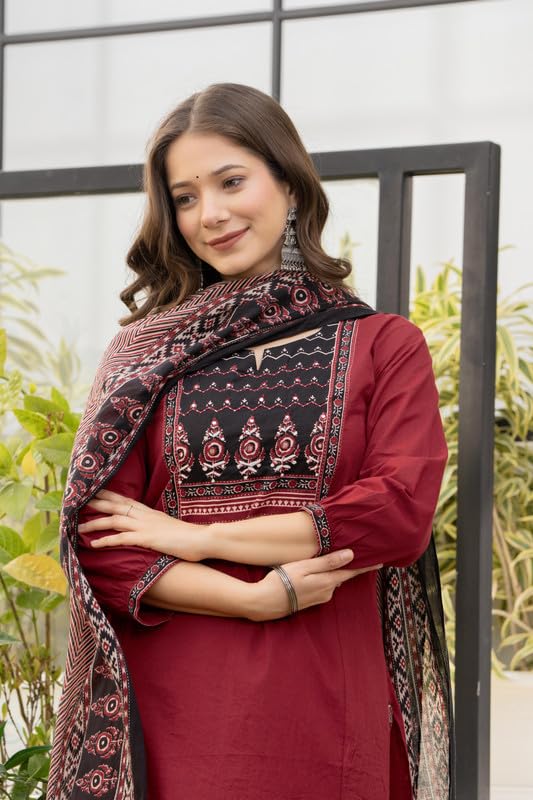 Image of Amayra Women's Cotton Straight Kurta Set with Palazzo Pants & Dupatta- Ethnic Wear
