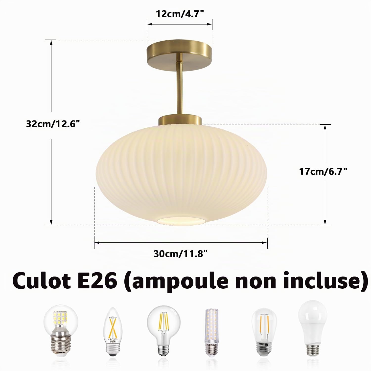 KCO Éclairage blanc en verre nervuré semi-encastré – Grand plafonnier en verre de lait doré brossé – Éclairage encastré pour salle de bain – Lumières d'entrée modernes du milieu du siècle