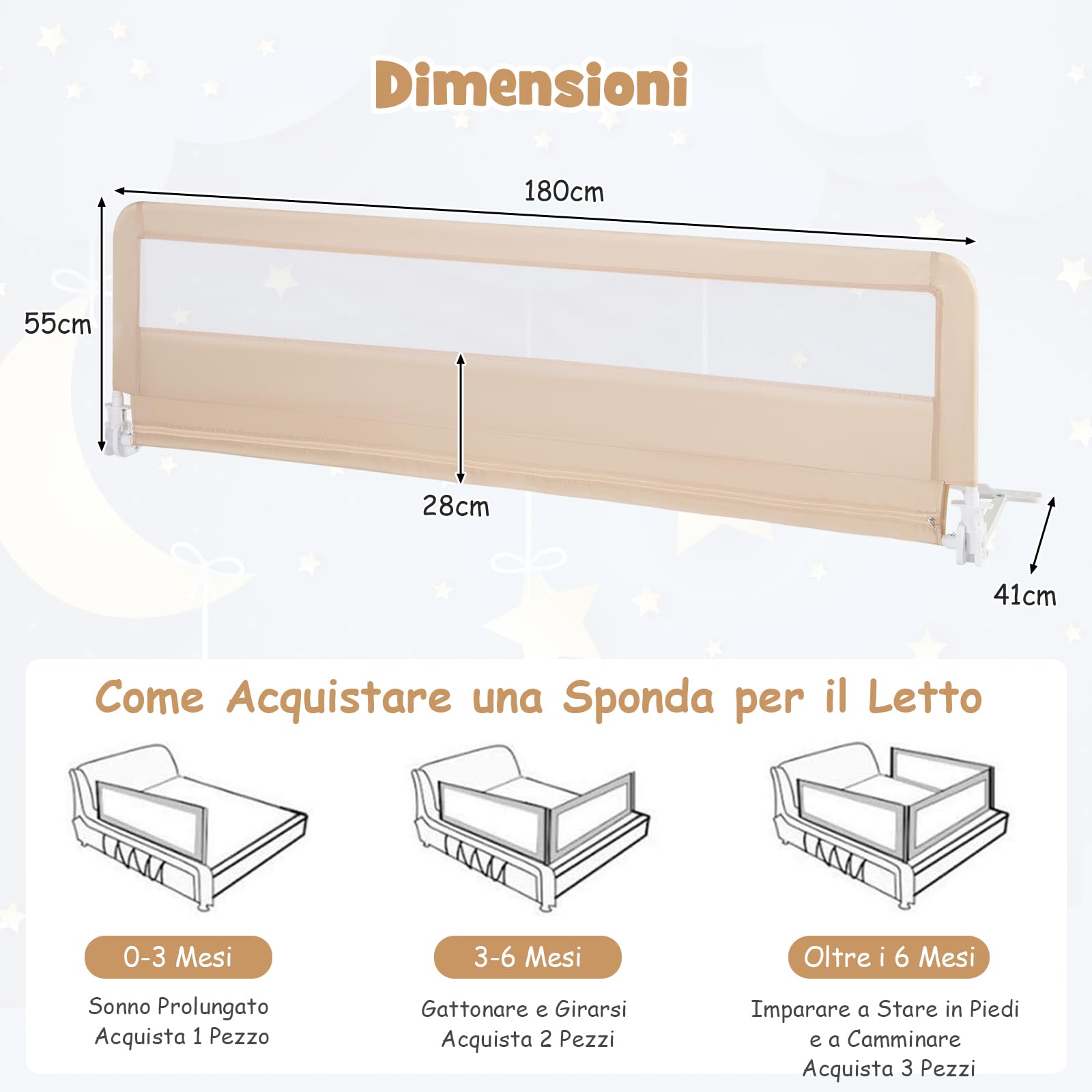 RELAX4LIFE Sponda Letto per Bambini 180cm/150cm, Barriera di Sicurezza, Traspirante e Pieghevole, Sbarra Letto per Letti Singoli e Matrimoniali (180 x 41 x 55 cm,Beige)