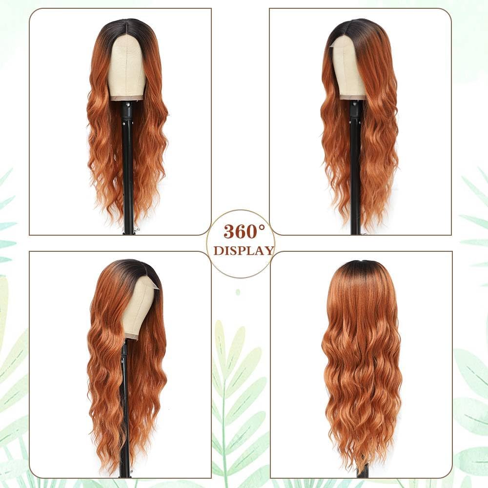 PORSMEER Long Ombre Copper Red Wavy Wig for Women 26 Inch Lace Middle Part Curly Wavy Wig Natural Looking Synthetic Heat Resistant Hair for Daily Party Use - Image 2