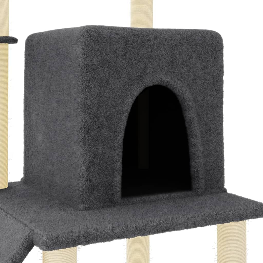 Rascador para gatos de sisal, rascador con cueva, hamaca, plataforma, felpa, gris oscuro, 84,5 x 54 x 96,5 cm, interior para gatos y gatos con columna rascadora