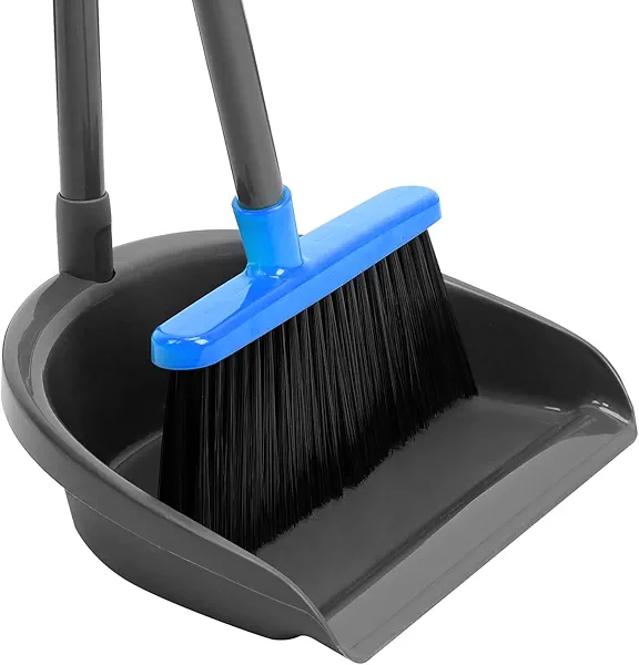 REEWII Broom and Dustpan Set ，Long Handle Broom with Upright Standing Dust pan for Indoor Outdoor Home Kitchen Office Floor Cleaning