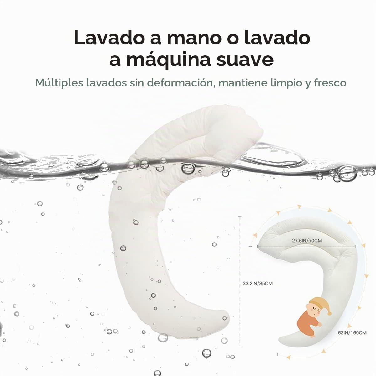 Choc Chick Curve - Almohada corporal larga para niños pequeños, 86 x 68 cm, suave y con forma de luna, de algodón 100 % orgánico, lavable y transpirable para cuna