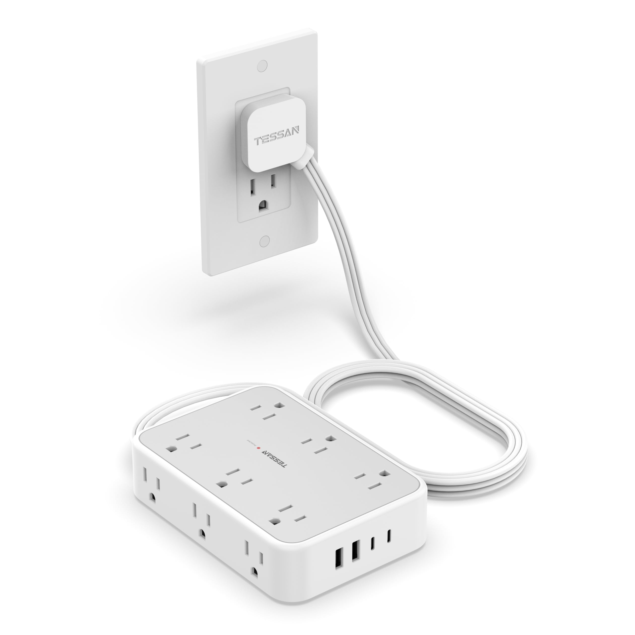 TESSAN Flat Plug Power Bar, Surge Protector Extension Cord 5FT with 12 AC Outlets Extender and 4 USB Ports (2 USB C), Multiple Power Strip 1800J Protection for Home Office Dorm Room