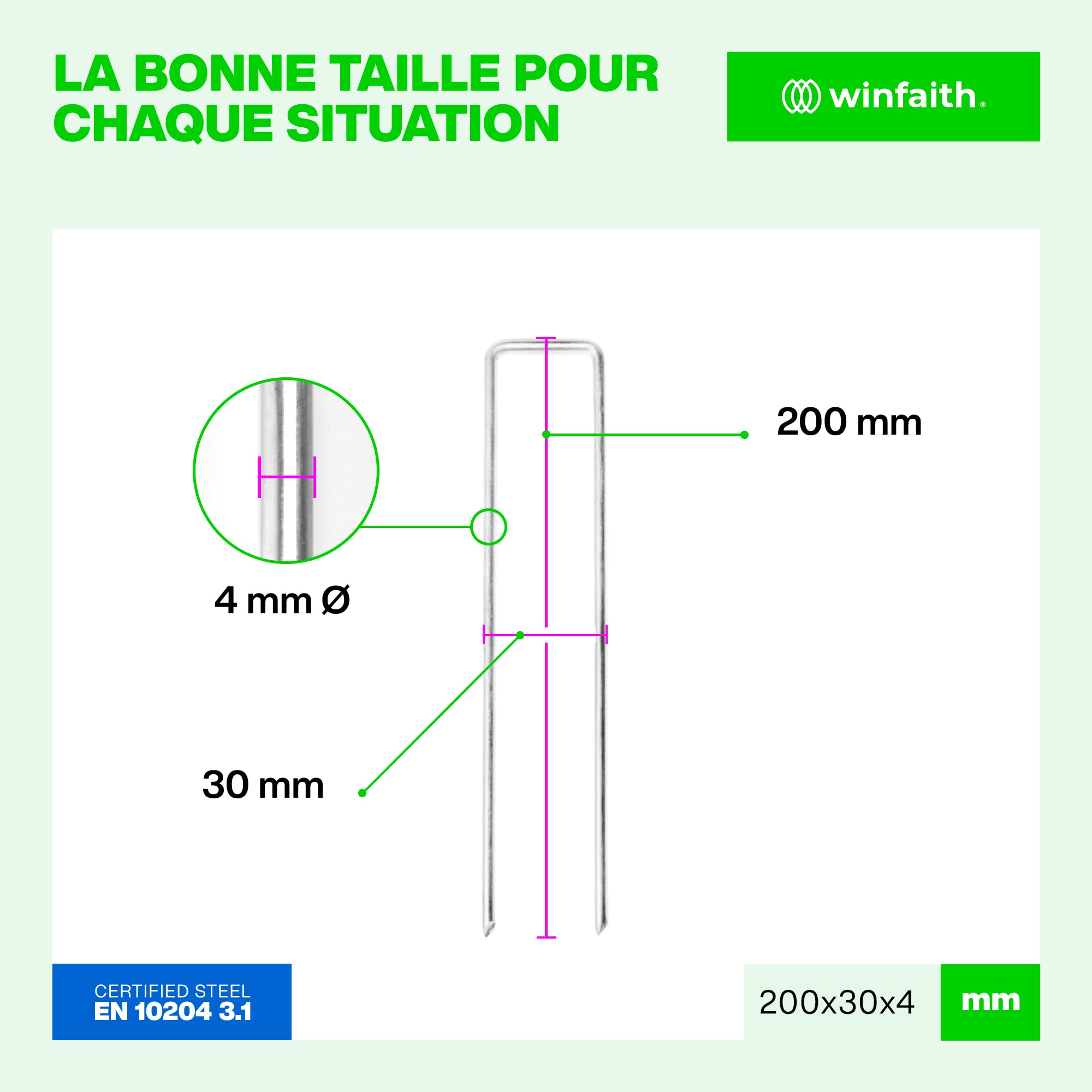 Winfaith Piquets de Paillage Pièces 100 Made in Italy Fil Ø4 en Acier en 10204 3.1 Galvanisé à Chaud – Inoxydable Jardin Gazon Artificiel Accroche - Mesures mm H200 x L30 x D4