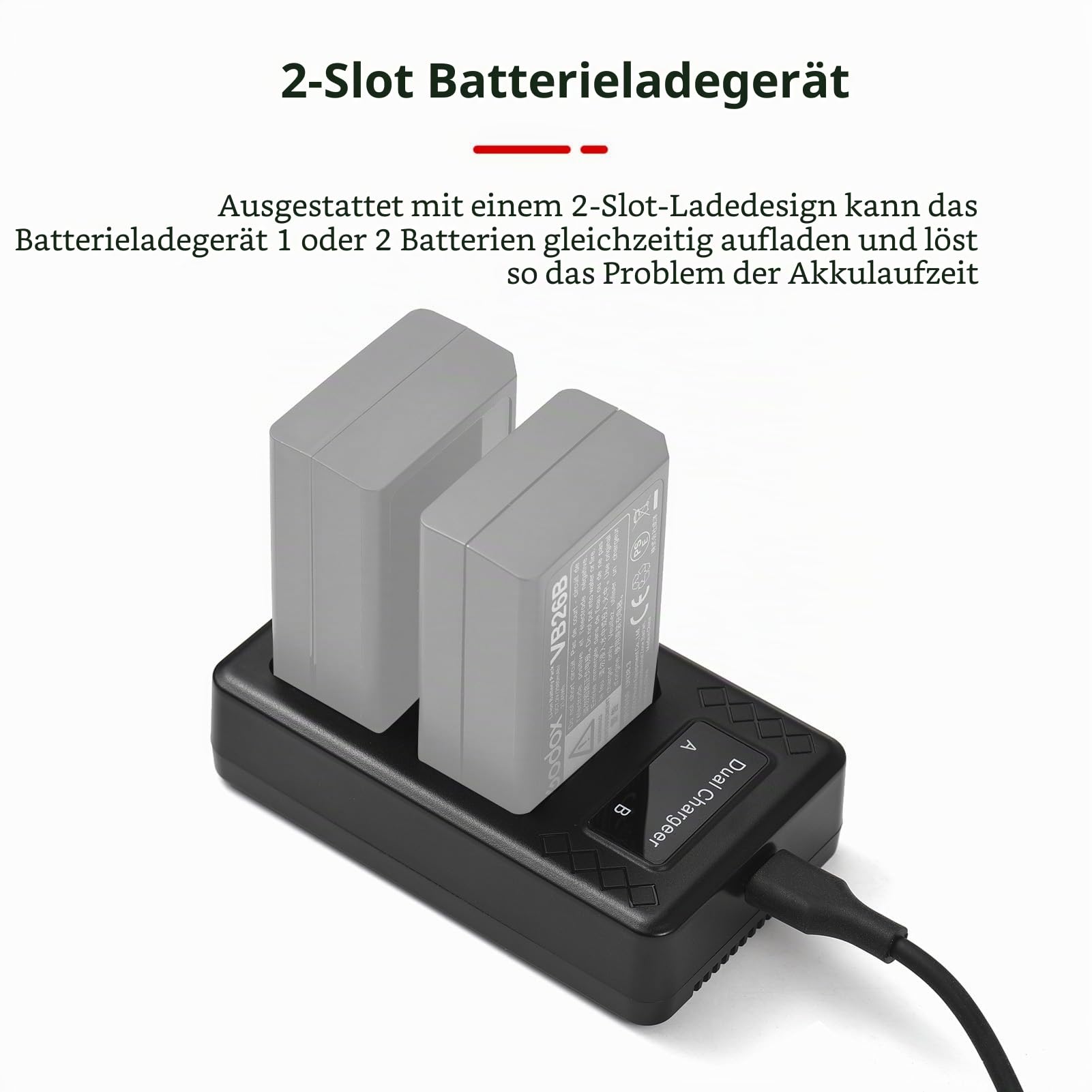 Tragbares 2-Schlitz-Akkuladegerät für Godox-Blitzakku mit 2 Kontrollleuchten für Godox V1/ V860III Blitz-Speedlite-Akkus VB26A/VB26B/VB30