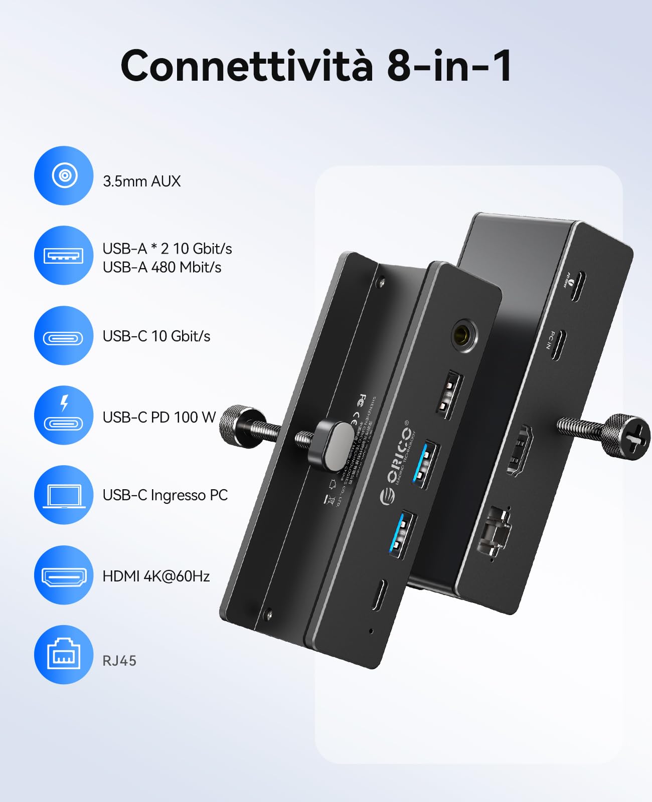 ORICO Docking Station Clip, Hub USB-C 8-in-1 con HDMI 4K@60Hz, PD 100W, Ethernet Gigabit, 4xUSB, AUX, 10Gbps Hub USB Dock per Laptop, MacBook, PC (Adattatore non incluso)