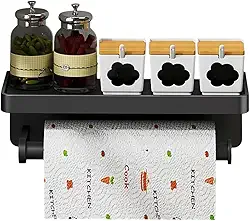 Suporte de Parede para Papel Toalha e Condimentos, Preto, Metal, 30 cm, com Prateleira Superior e Porta-Rolos