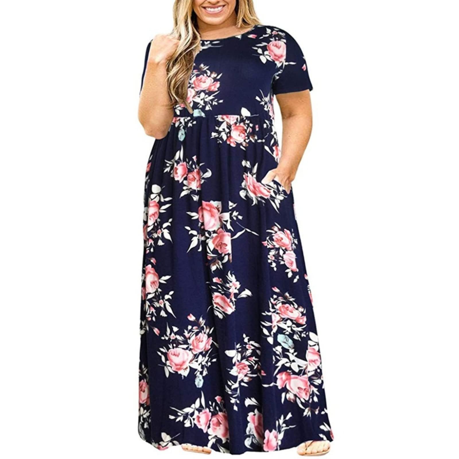 WANMN Vestido de Talla Grande para Mujer, Vestido Largo de Manga Corta de Talla Grande de Verano, Vestido Maxi de Talla Grande para Mujer Gorda