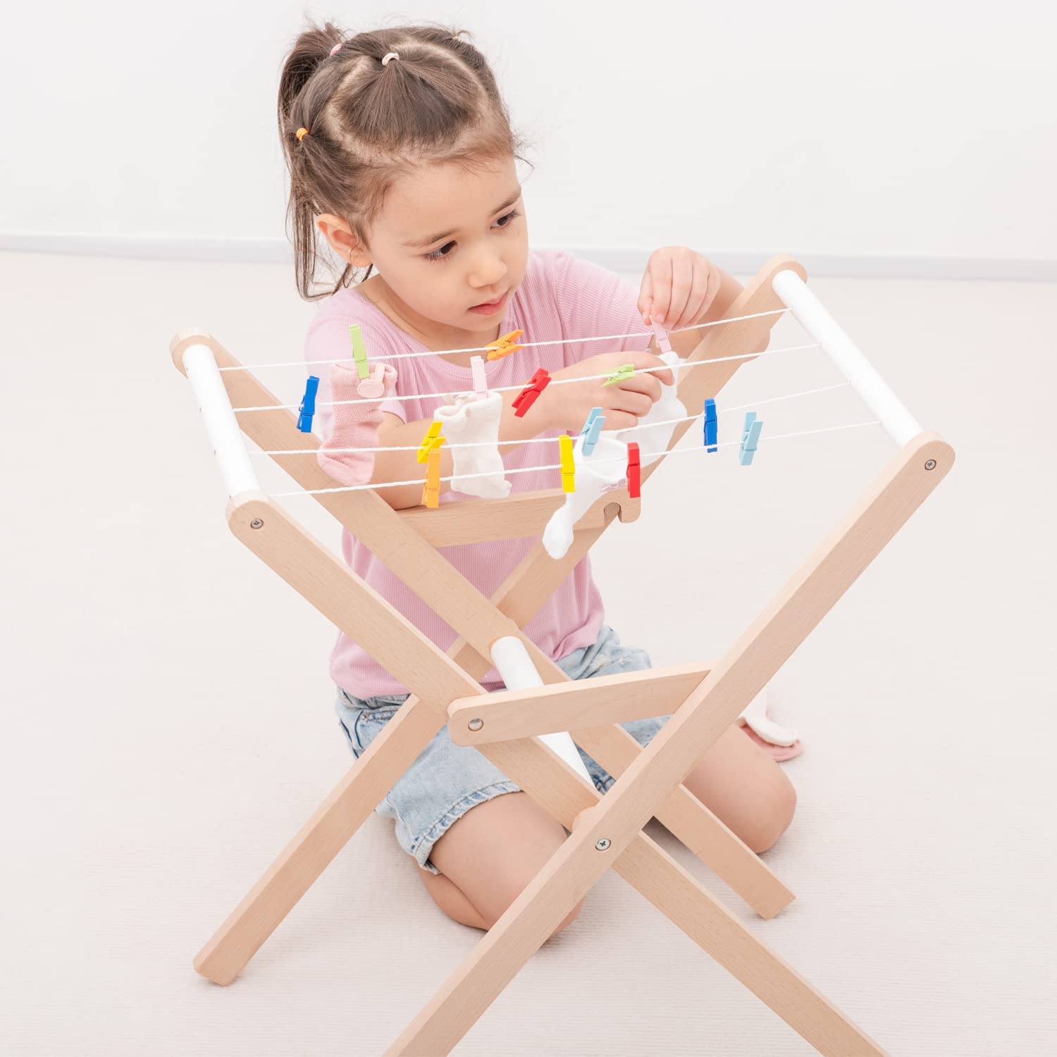Woet® Tendedero de Juguete de Madera para Niños - Accesorio de Colada de Imitación - Juguete del Hogar de Imitación - A Partir de 3 Años
