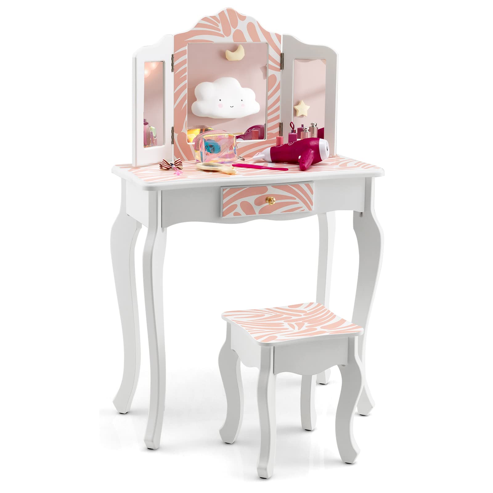 GOPLUS Tocador Infantil de Madera, Tocador de Maquillaje Princesa con Taburete y Espejo, Placa Extraíble, Mesa de Cosméticos con Cajón, 60 x 27,5 x 97,5 cm (Cebra Rosa)