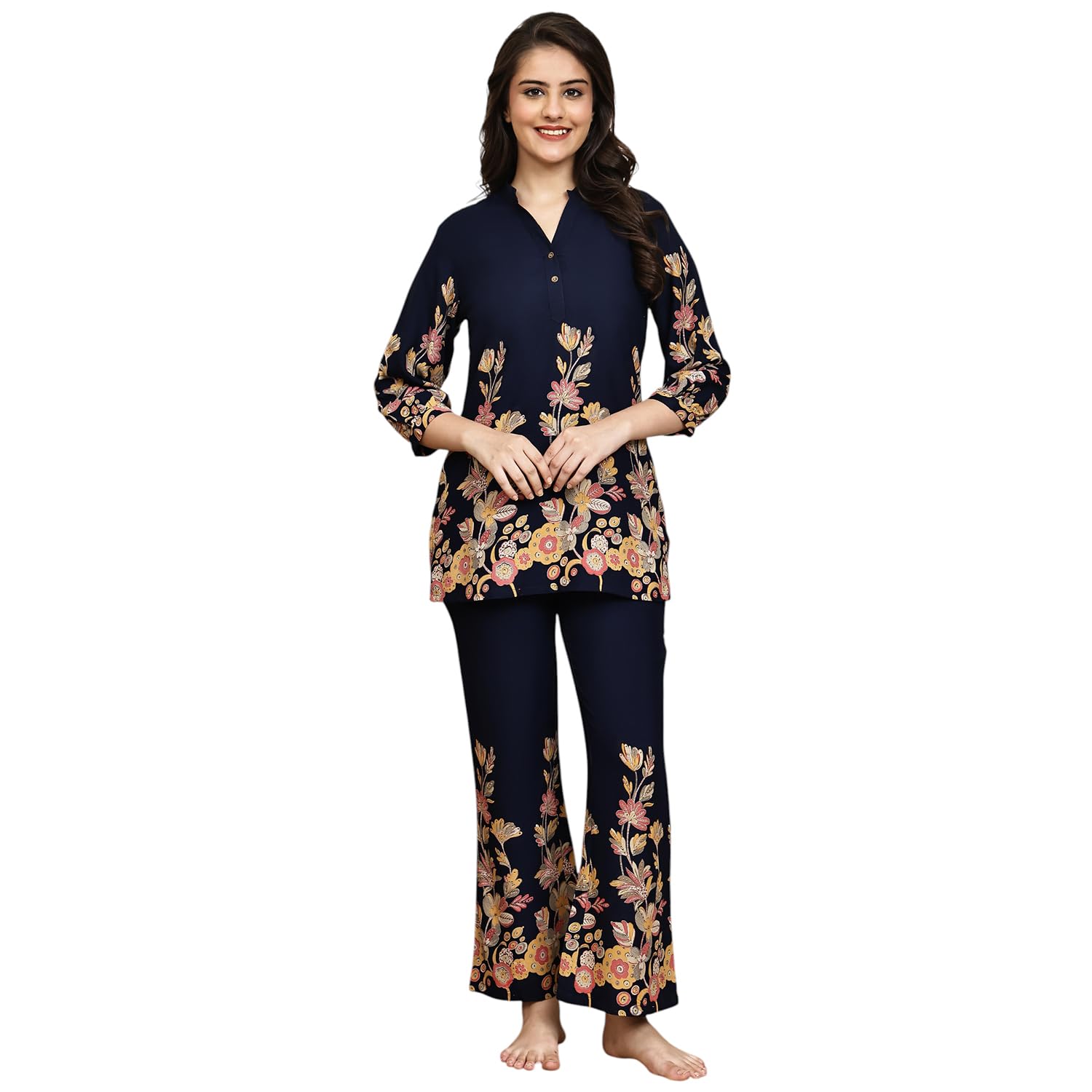 claura Women's Floral Print Night Suit Set, Navy Blue Cotton Loungewear with 3/4 Sleeve Top and Full Length Pants, Comfortable Sleepwear-picture-36