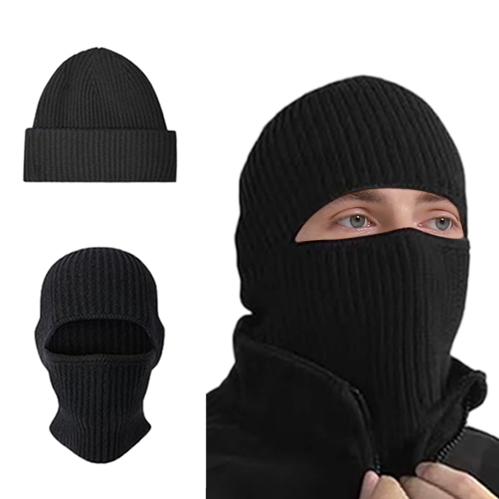 BROKIG 2 in 1 Balaclava Ski Mask Beanie Black Ski Face Mask Winter Warm Skull Cap Beanie Hats