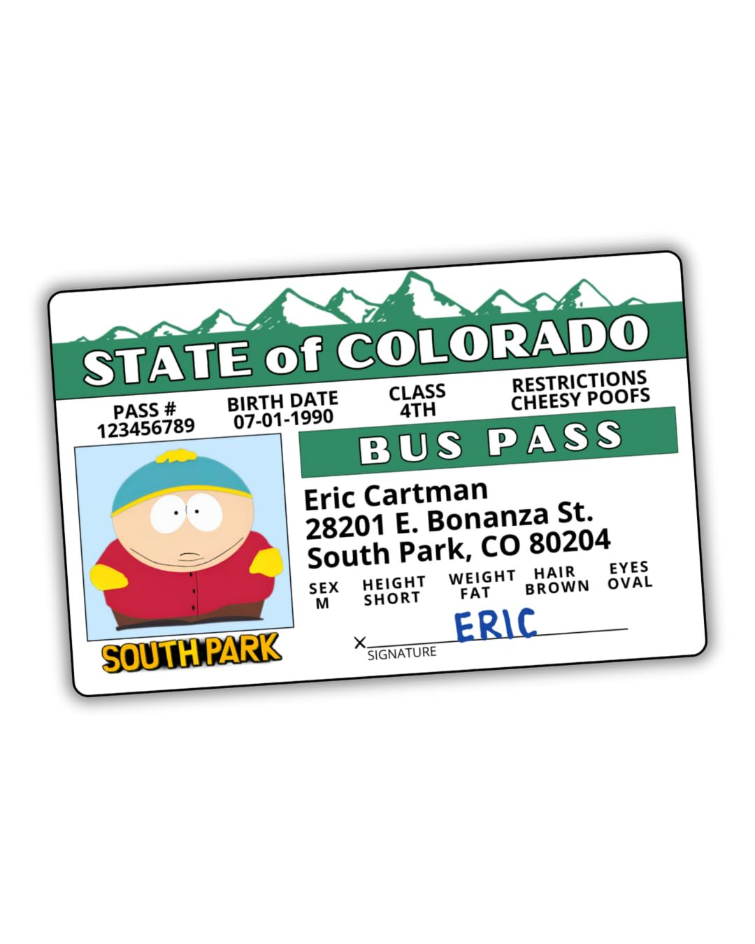 S Park Bus Pass & Driver License | Double Sided Gag Card | Costume Accessory & Prank Gift | Funny Fake ID for Cosplay, Halloween or Collectors (Eric)