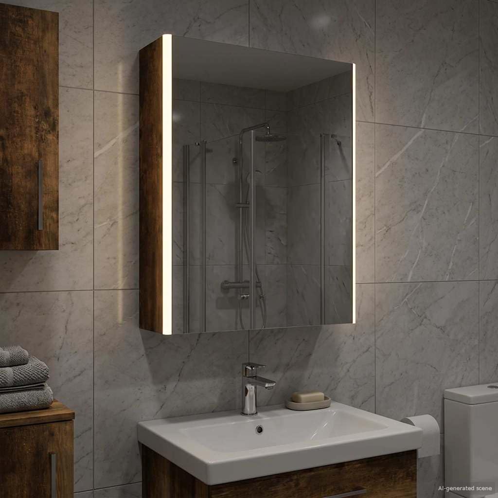 Szafka łazienkowa z lustrem wędzonego dębu z oświetleniem LED, 73,5 x 15,5 x 70 cm, materiał drewnopochodny, montaż na ścianie, dwukierunkowe lustro z półkami na meble łazienkowe i miejsce do