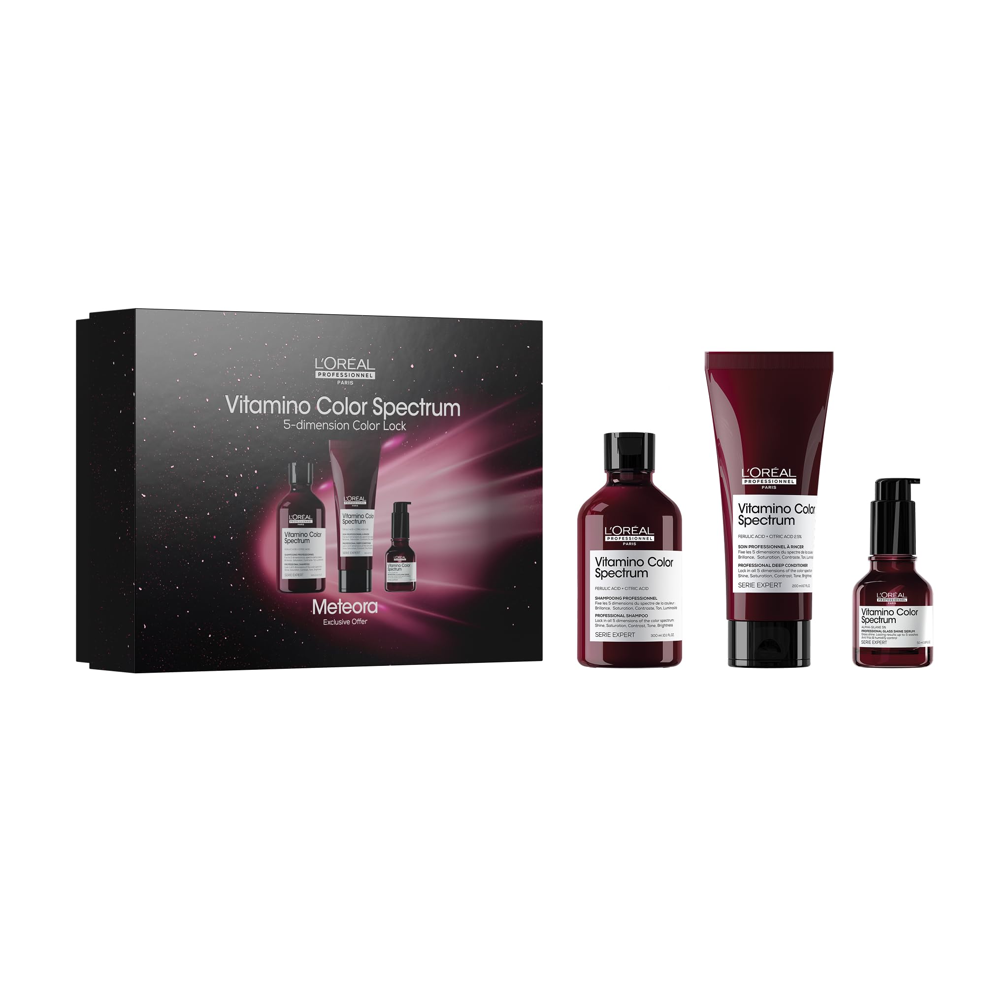 L'Oréal Professionnel Trio do pielęgnacji szamponu, maski do włosów i serum Leave-In, zestaw prezentowy Meteora, z kwasem ferulacyjnym i cytrynowym do włosów farbowanych, seria Expert, Vitamino Color