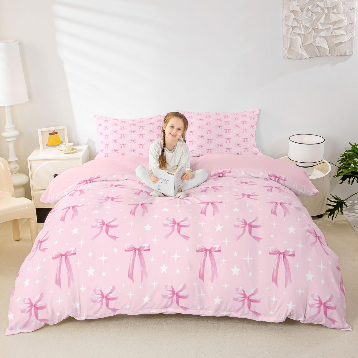 Homewish Set di biancheria da letto per letto super king size con fiocco rosa con fiocco e fiocco con stelle glitterate